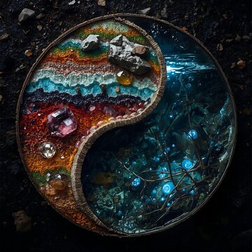 A geological cross-section Yin Yang. One side shows layers of colorful sediment and crystals (Earth/Metal). The other side shows an underground aquifer with bioluminescent roots (Water/Wood). Very det