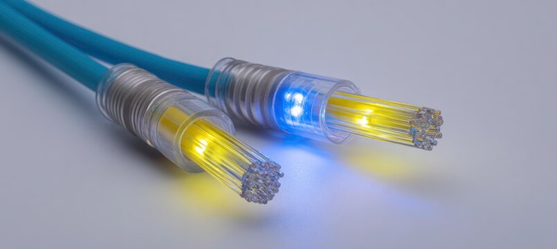 Close-up of Fiber Optic Cables with Illuminated Ends