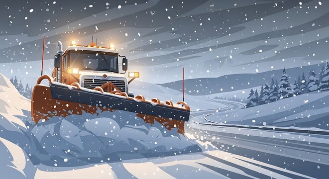 Snowplow clearing road in winter