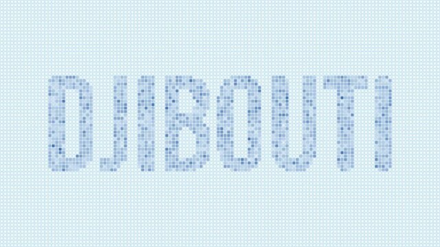Djibouti dotted map animation. Digital style shape of the country. Djibouti shape and title dots appear with bulb flickering effect. Intro, outro, logo, title video.
