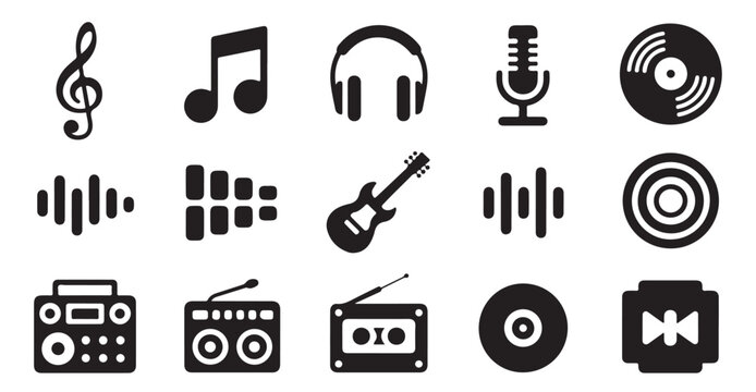 Set of music and audio icons, musical notes, headphones, microphone, guitar, sound waves, speakers.