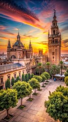 Naklejka premium A photo of Seville Cathedral and orange tree courtyard at sunset with dramatic pink sky over the historic old town of Seville