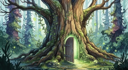 Naklejka premium Glowing wooden door stands within the trunk of an ancient mossy tree in a mystical forest.