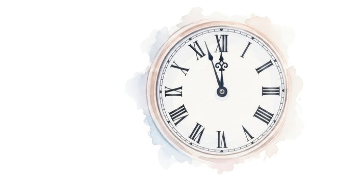 Vintage clock face displays Roman numerals on a white background with soft artistic watercolor accents.