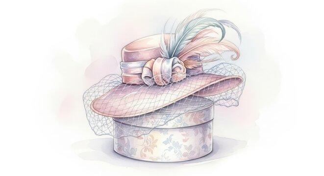 Elegant vintage hat with netting and feathers rests atop a decorative hatbox.