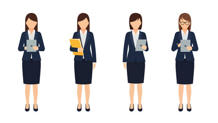 Obraz premium Professional Businesswomen Vector Set with Tablets and Folder. Diverse Female Office Workers in Suits, Flat Design Illustrations.