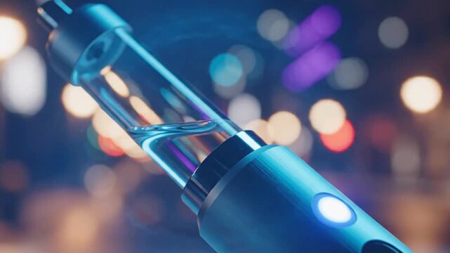 Close-up of a modern electronic cigarette with a glowing light.