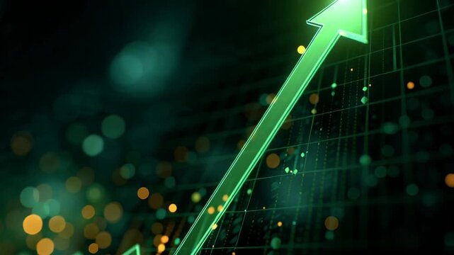 Glowing green upward trending arrow chart on a dark background with grid lines and scattered orange and green lights.