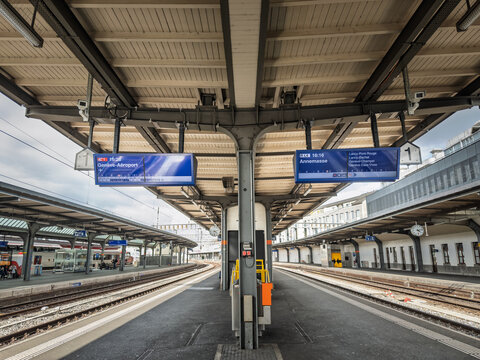 GENEVA, SWITZERLAND - OCTOBER 5, 2025: Platform at Geneve Cornavin train station in Geneva, Switzerland, departure boards for Annemasse and Geneve Aeroport, it's the main railway station of geneva.