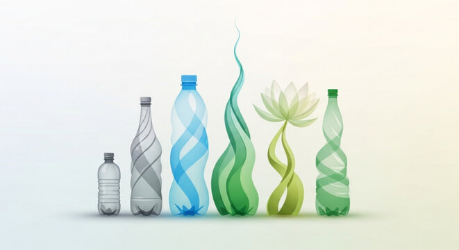 Abstract illustration of plastic bottles transforming into organic plant shapes representing environmental sustainability and recycling concept