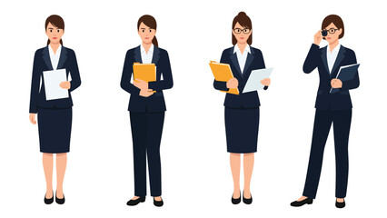 Obraz premium Diverse Businesswomen in Corporate Attire with Documents & Phone - Vector Set