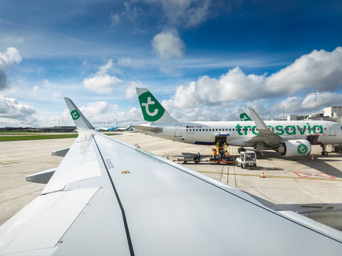 PARIS, FRANCE - MARCH 1, 2026: Transavia aircraft stand ready on the apron at Paris Orly Airport, France, seen from a passenger window. Transavia is a dutch low cost carrier part of Air France KLM.