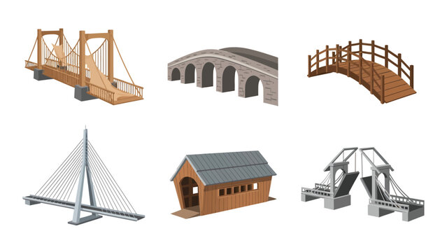 Diverse Bridge Illustrations: Suspension, Arch, Cable-Stayed, Covered, Drawbridge