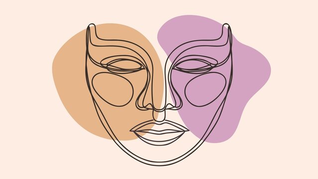 Minimalist continuous line art face with abstract geometric shapes on neutral background for modern interior decor.