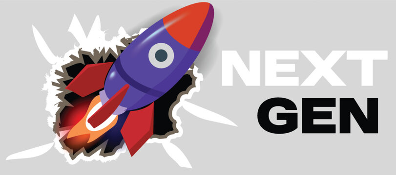 Next Gen concept modern design on broken wall, and launch rocket background, vector illustration