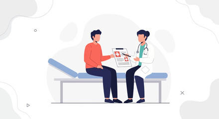 Fototapeta premium Doctor consulting patient about medical report on examination table
