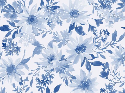 Watercolor summer floral seamless pattern with abstract hand painted indigo blue sunflowers and wild flowers for fabric, home decor and surface design.