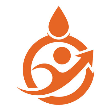 Orange abstract symbol with circular arrow and teardrop shape icon
