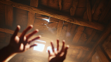 Reaching for the Light: An evocative view of outstretched hands, bathed in ethereal light filtering through a rustic wooden structure. Capturing a sense of yearning and wonder.