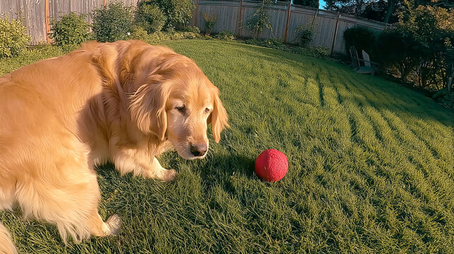 Golden Companion's Serene Moment: A golden retriever, basking in the morning sun, gazes at a bright red ball on a lush green lawn, embodying the simple joys of companionship.