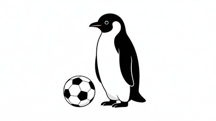 Obraz premium Penguin standing with a soccer ball, clean minimal vector on white.