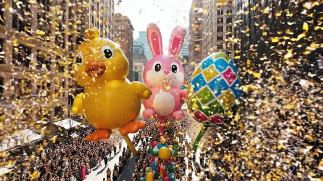 Giant Easter Balloons Float Above Crowds During Festive Parade in City.