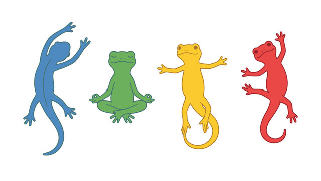 Vibrant cartoon lizards and frog in active and meditative poses, isolated on white background
