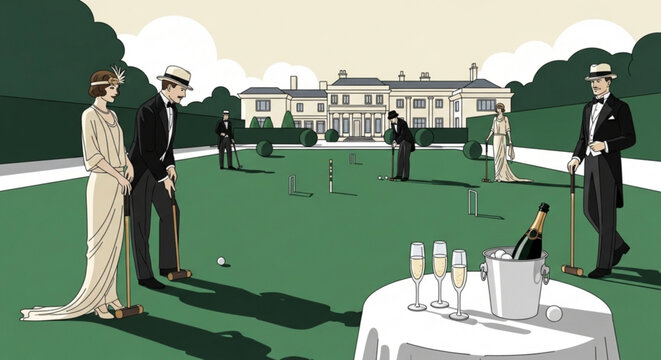 Group of elegant people in 1920s attire playing croquet in front of a grand mansion vector illustration