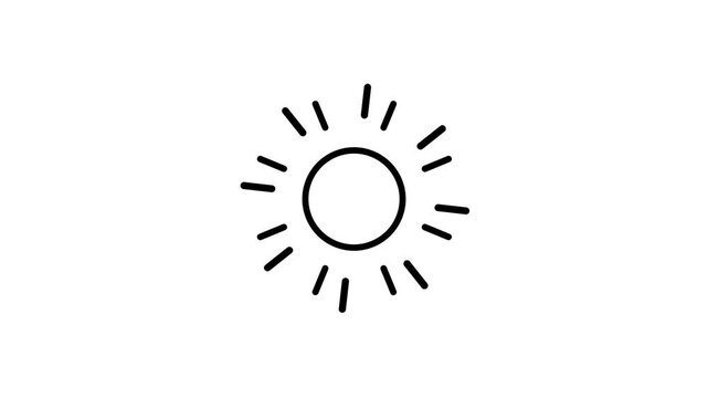 A minimalist black outline of a sun with twelve short, evenly spaced radiating lines is presented in the center of a clean, stark white background, creating a simple and versatile
