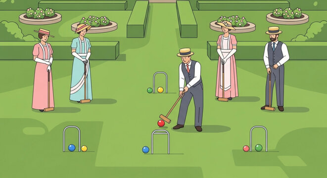 Victorian era group playing croquet on manicured green lawn in elegant garden setting vector illustration