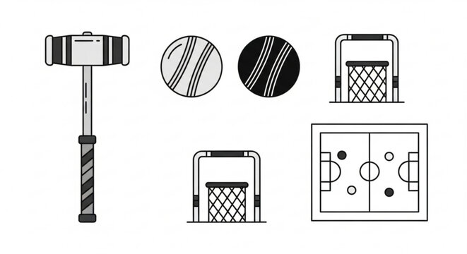 Set of flat line icons featuring shuffleboard equipment including mallet and pucks and court layout for sports design and graphic projects