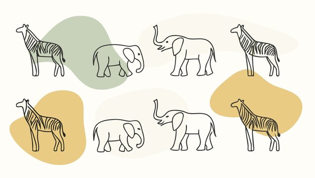 African animals line art zebras and elephants with abstract shapes.