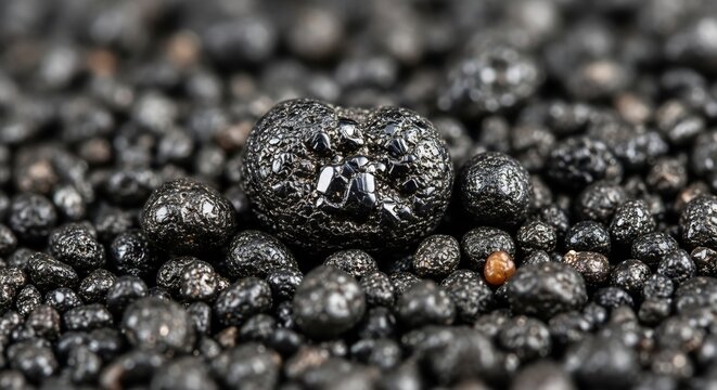 Close up macro shot of metallic mineral ore with a large nugget in the center.