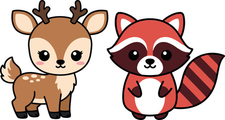 Obraz premium Adorable Deer and Raccoon Icon Set Featuring Playful Animal Designs for Wildlife, Nature, and Children’s Projects