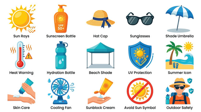 Collection of icons representing summer safety, sun protection, and heat-related precautions, including sunscreen, hats, sunglasses, hydration, and shade.