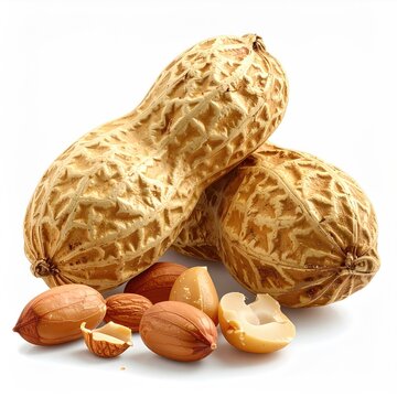 Shelled and unshelled peanuts with detailed textures on a clean white surface in a food photography style close-up composition displaying natural colors