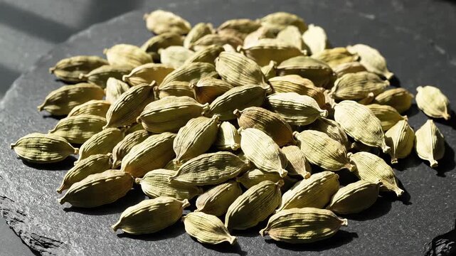 A Pile Of Dry Green Cardamom Pods With A Dark Textured Background And Soft Natural Lighting