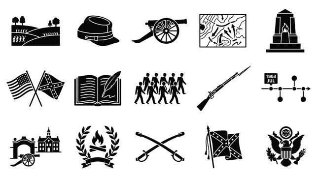 Collection of Civil War era icons representing battles, soldiers, and historical artifacts.