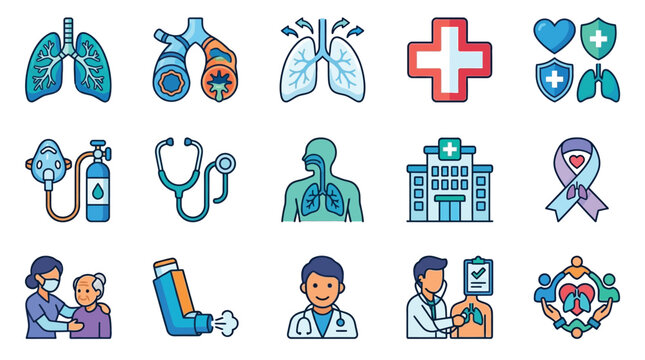 Collection of medical icons representing respiratory health, including lungs, inhalers, doctors, and hospitals.