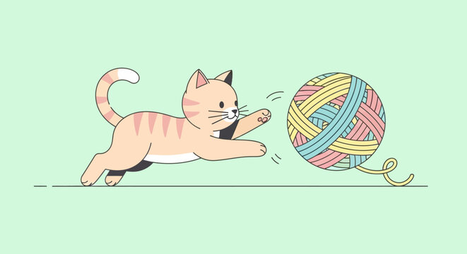 Playful Cat Chasing Yarn Ball