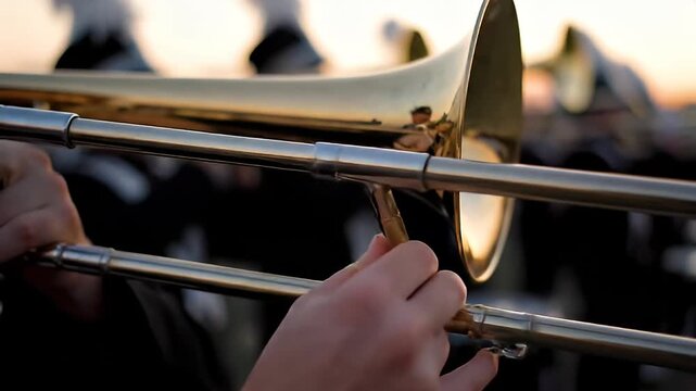 Close up of Musician Playing Trombone in Marching Band at Sunset