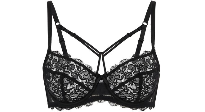 Elegant black lace bralette with intricate strapping details a delicate and sophisticated undergarment for women