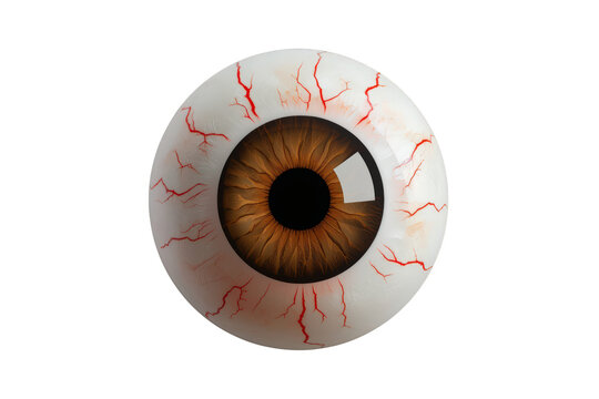 Realistic human eyeball with a detailed brown iris and red scleral veins, set against a transparent background