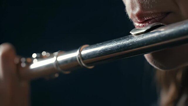 Close up of a professional musician playing a silver transverse flute