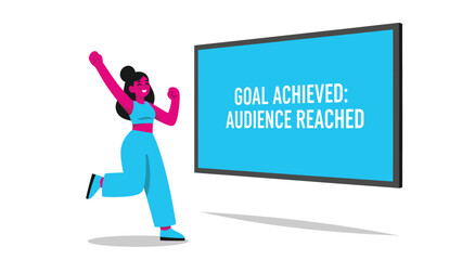 Obraz premium Illustrated woman celebrating 'Goal Achieved: Audience Reached' on screen for marketing success