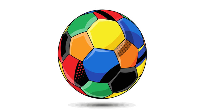 A colorful soccer ball vector illustration with a whimsical design floats against a clean white background, the bright and varied colors creating a playful and energetic mood