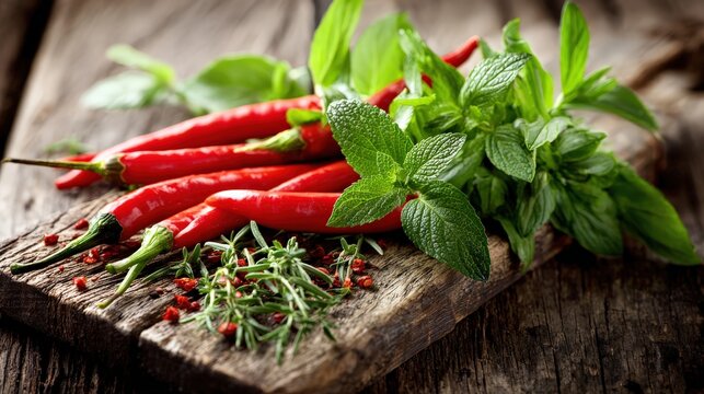 Fresh red chili peppers and mint leaves on rustic wooden board