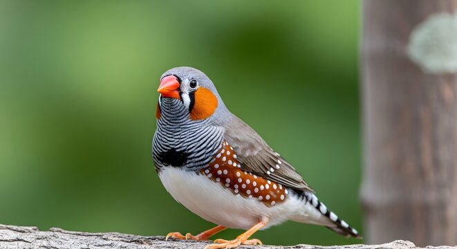 Vibrant Zebra Finch Perched on Branch: Detailed Portrait of a Colorful Australian Songbird in Natural Habitat