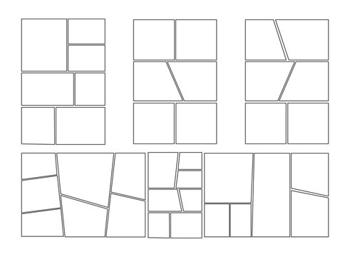 Blank comic book page layout templates set with white empty cells. Comic strip grid collection featuring different dynamic compositions for artists.