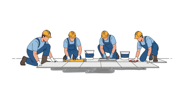 Tile Installation Process: A visual guide depicting a sequence of skilled construction workers meticulously installing ceramic tiles, illustrating the steps involved in a professional tiling project.